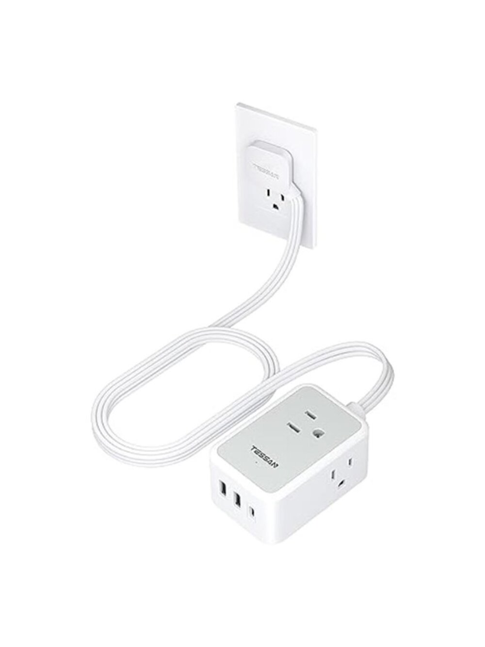 Small Flat Plug Power Strip 5ft 3 Outlets 3 USB Ports Travel Cruise Dorm USB C